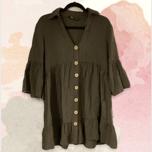 Zara Buttoned Ruffled Linen Blend Dress Green S - Picture 2 of 4